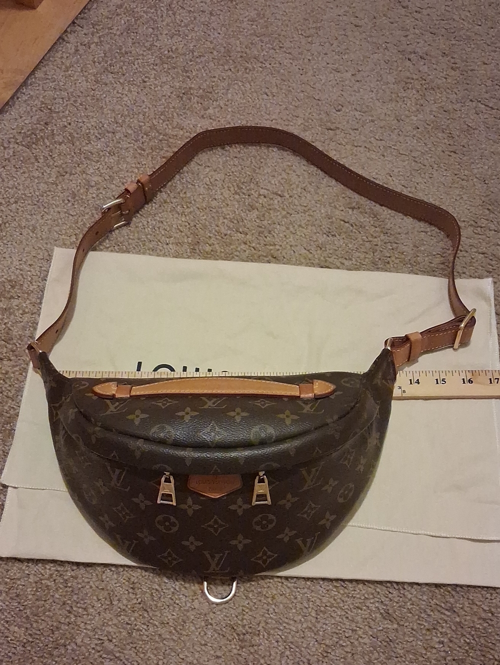 Authentic Louis Vuitton Brown Monogram Crossbody Sling Bum Bag with Tan Strap - Picture 13 of 17